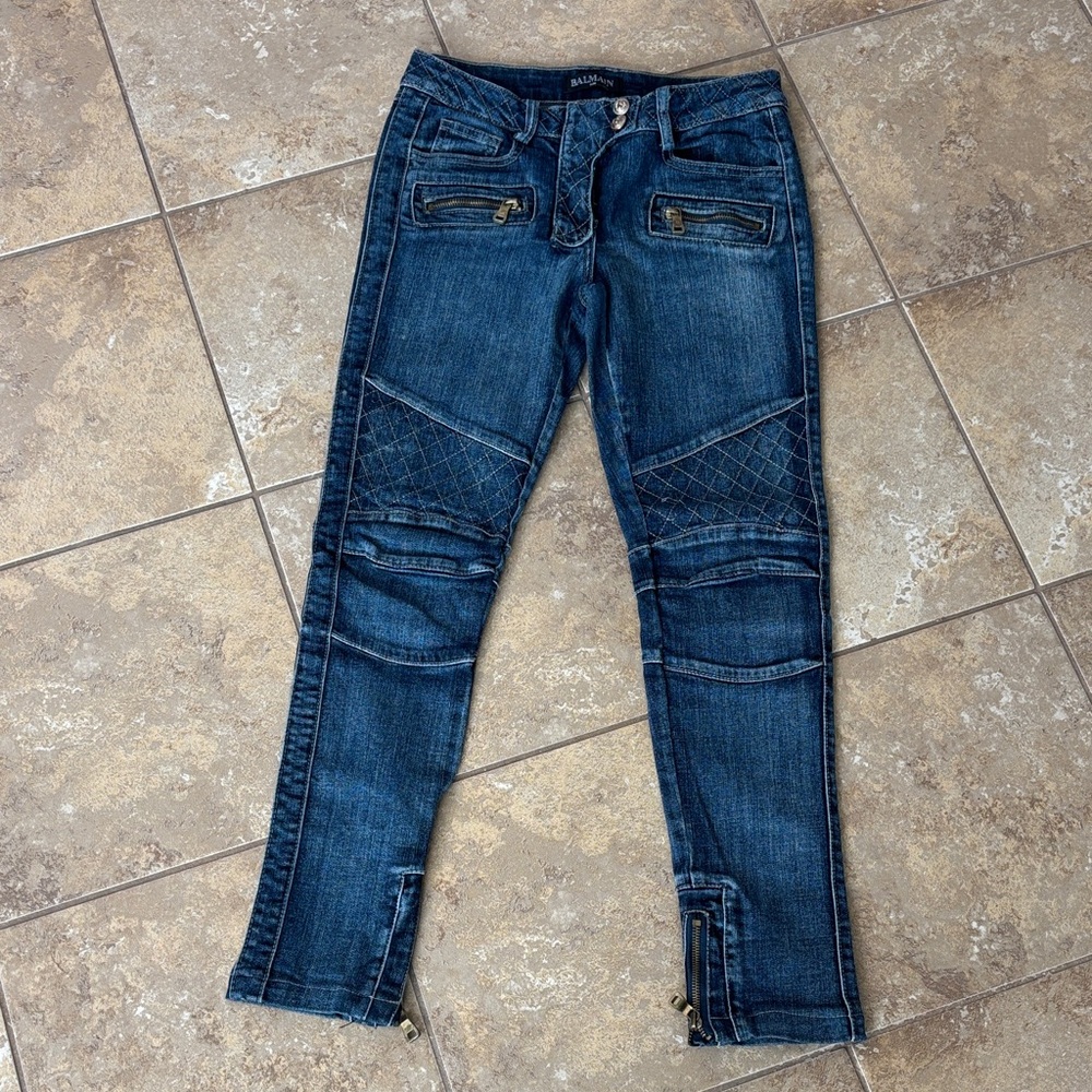 Balmain low rise skinny moto quilted medium wash denim size 26 7 pocket zipper